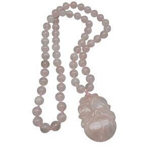 Chinese Rose Quartz Hand Knotted Mala Lotus Design Necklace 28" Vintage